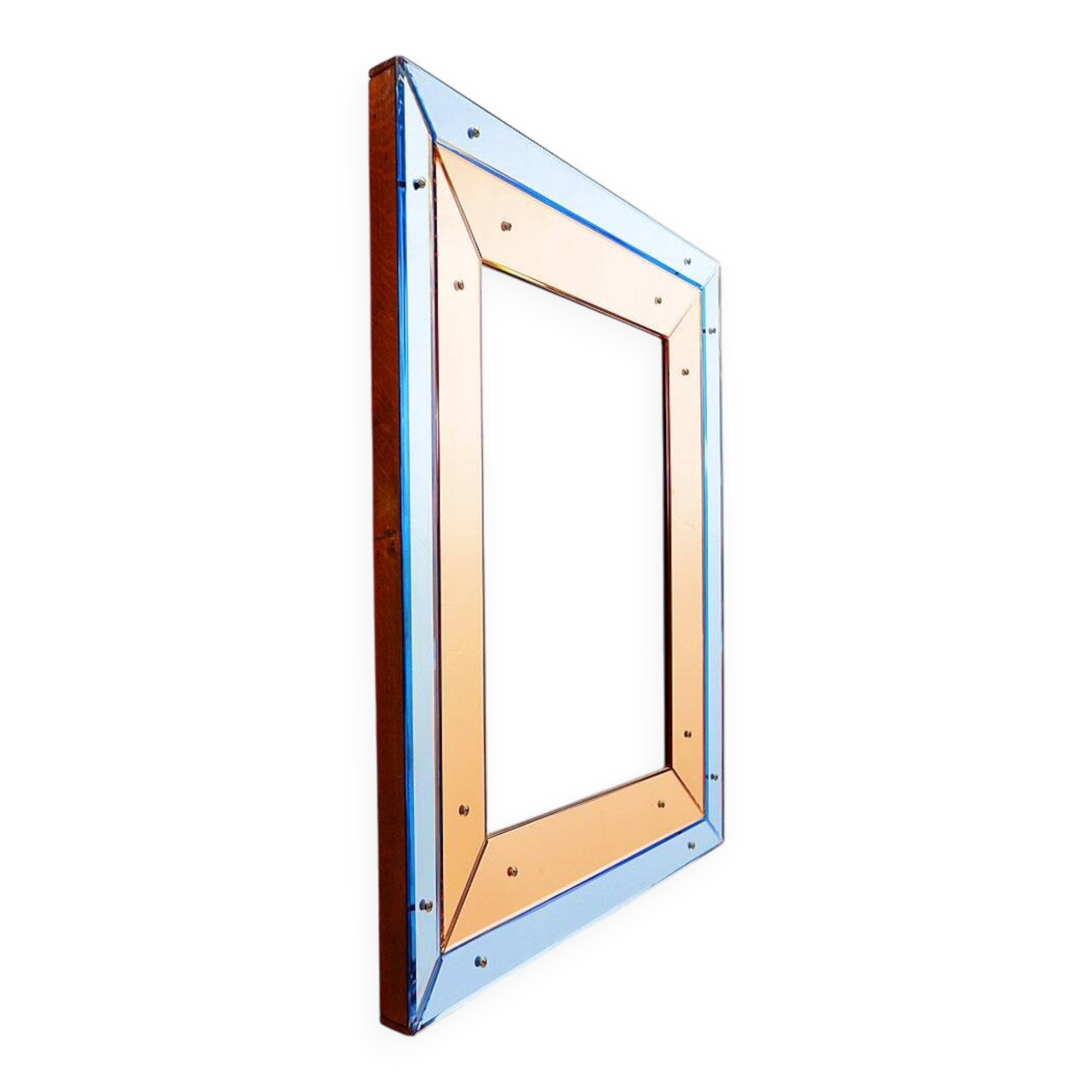 Bevelled wall mirror with blue and copper mirror panels - Italy 1930s