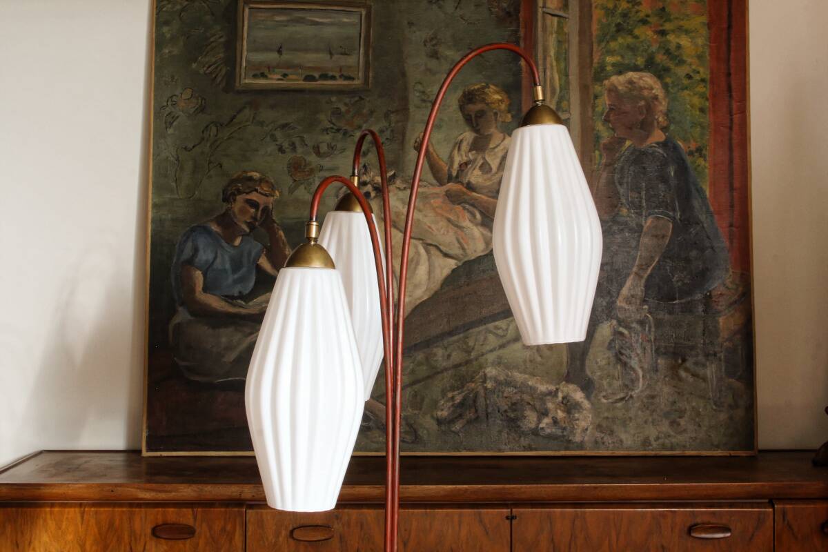 Lampadaire Lunel, 3 tulipes en verre blanc