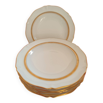 Set of 6 Art Porcelaine soup plates. Limoges, exclusive to R. Leclair. White gold rimmed