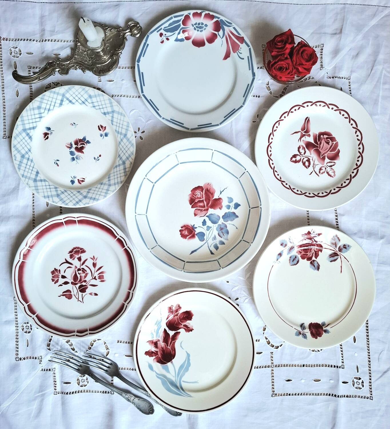 Mismatched antique flat plates in earthenware accompanied by a p