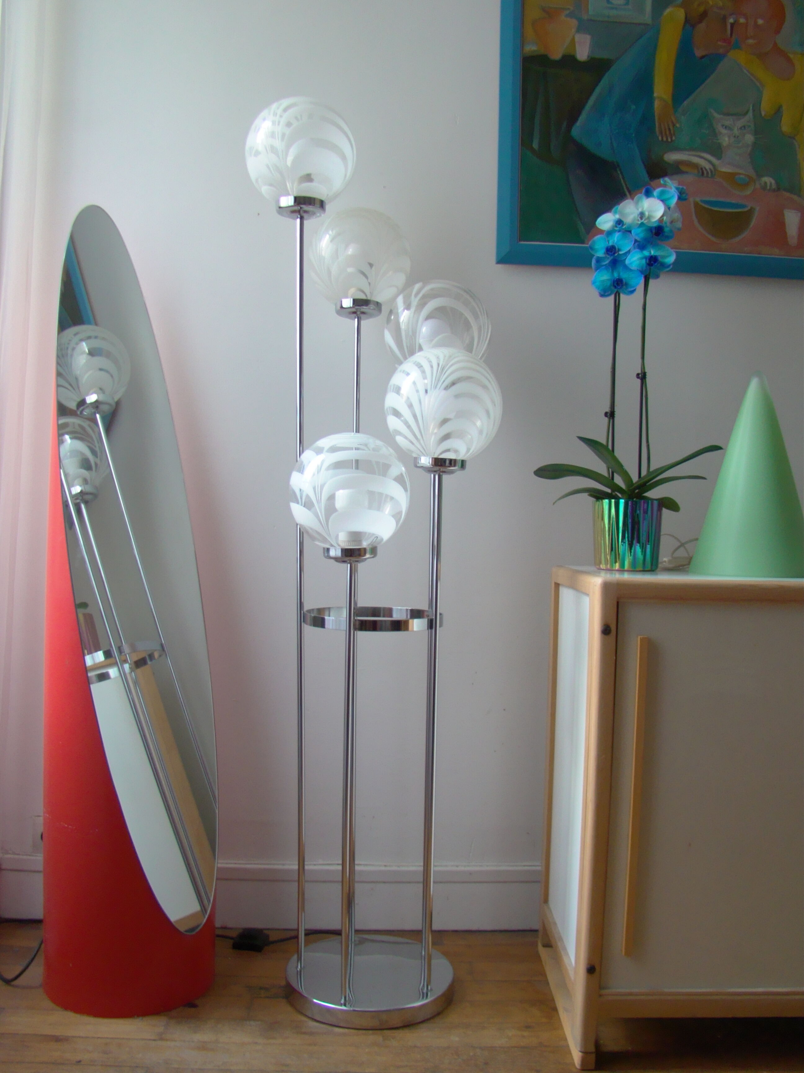 Lampadaire vintage 5 globes Mazzega en cascade