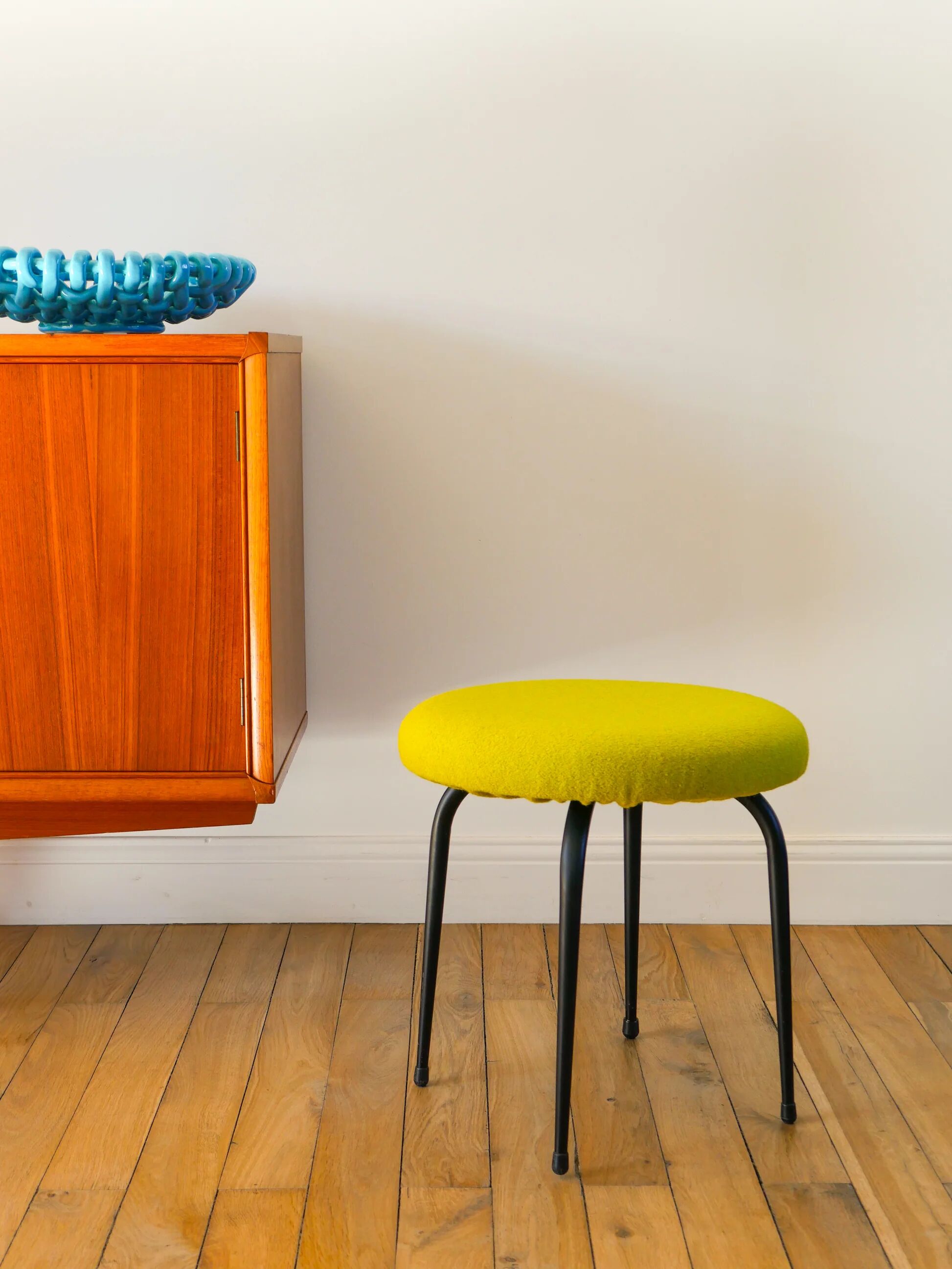 Black iron stool and boiled wool, green, 1960