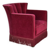 Fauteuil relax danois des années 1960, velours rouge, pieds en bois d'orme.