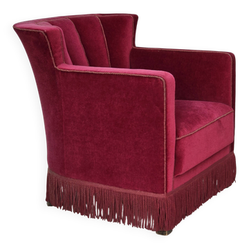 1960s, Danish relax armchair, red furniture velour, ash wood legs.