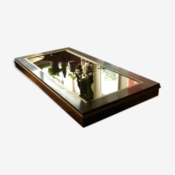 Table basse rectangulaire marron des années 70 avec miroir fumé et laiton