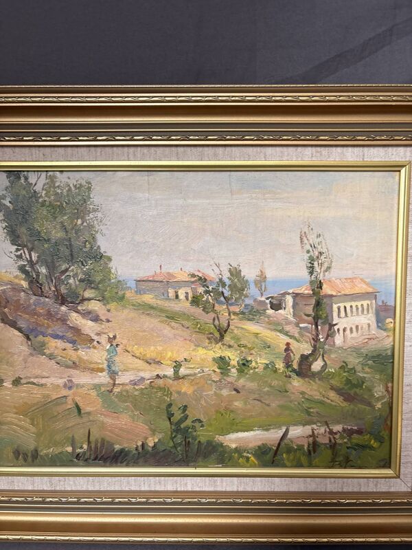 Tableau, huile sur carton ''Paysage Provence Italie Méditerranée'' Caucase Sokolov