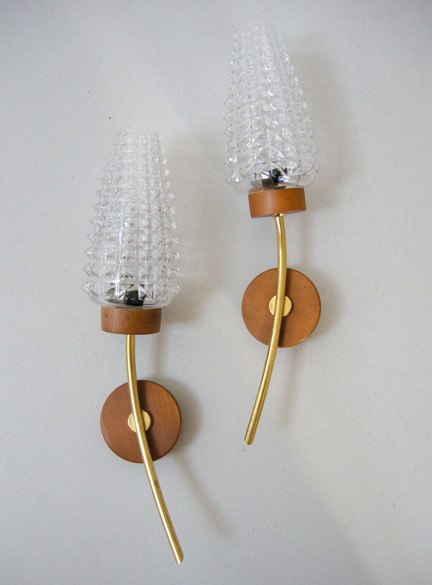 Pair of vintage wall lamps 1960 brass wood & glass