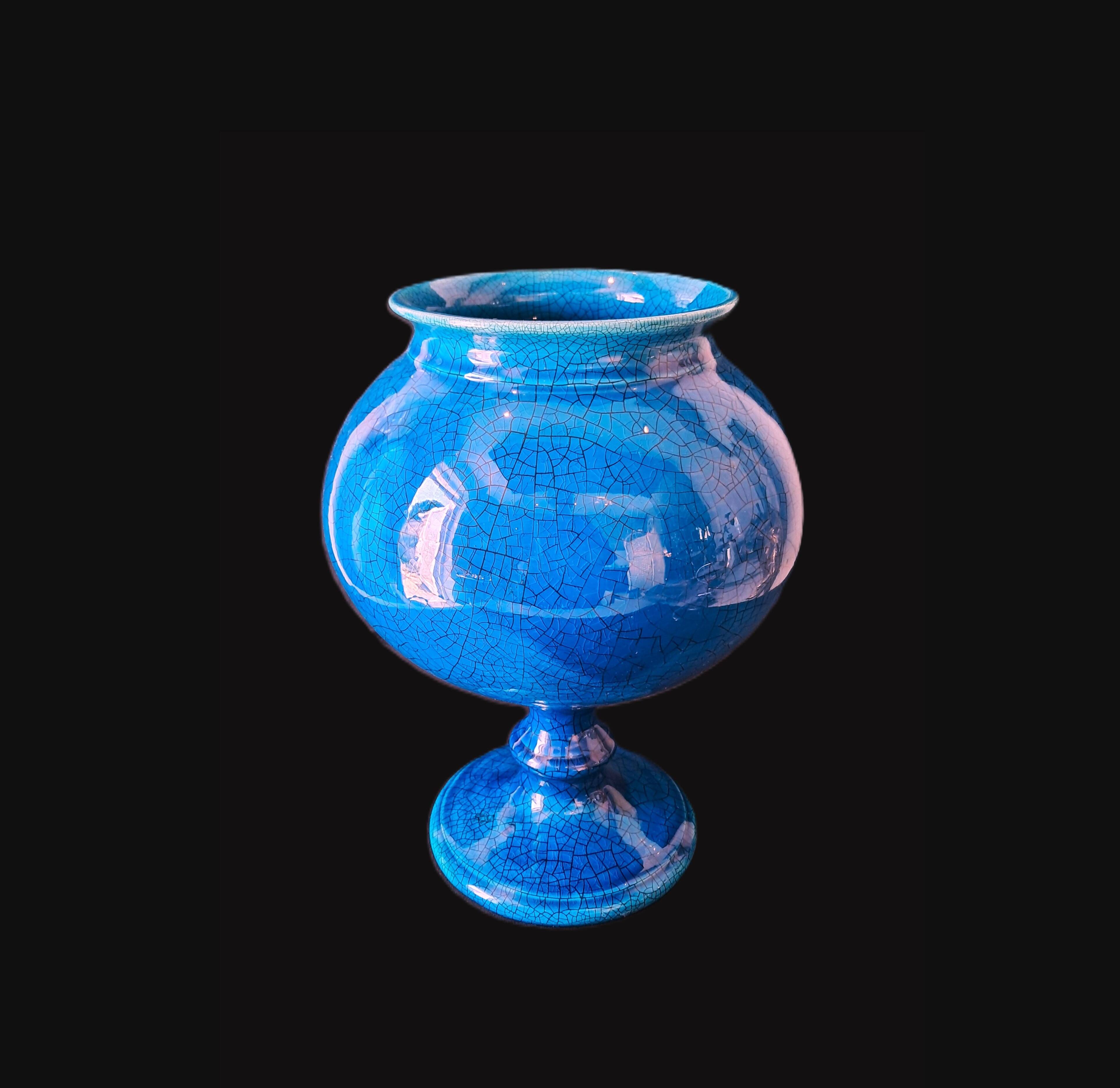 Large Turquoise Crackle Earthenware Footed Bowl Vase