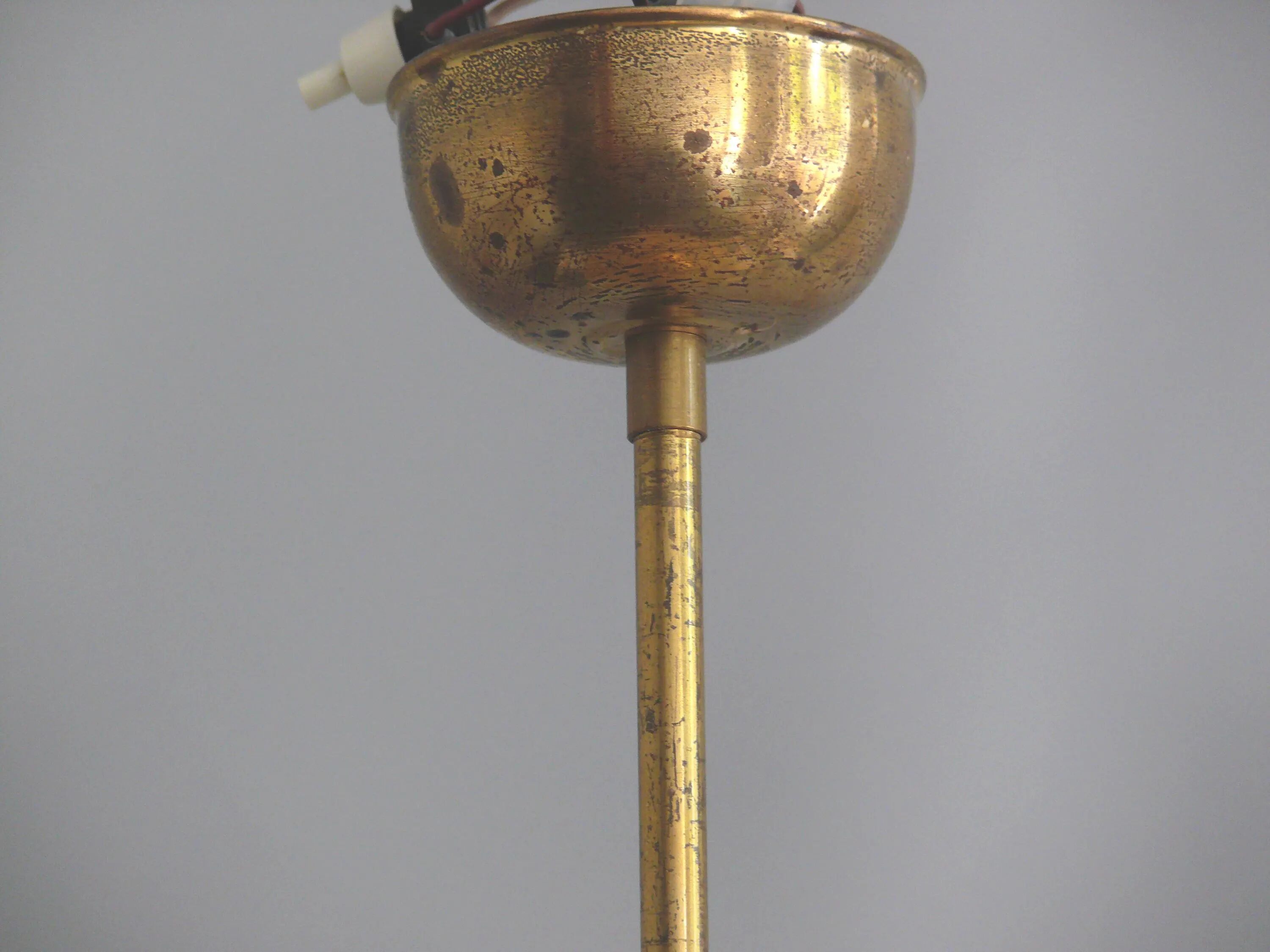 Art Deco Pendant Lamp, Beige Marble, Brass Suspension - 1930s