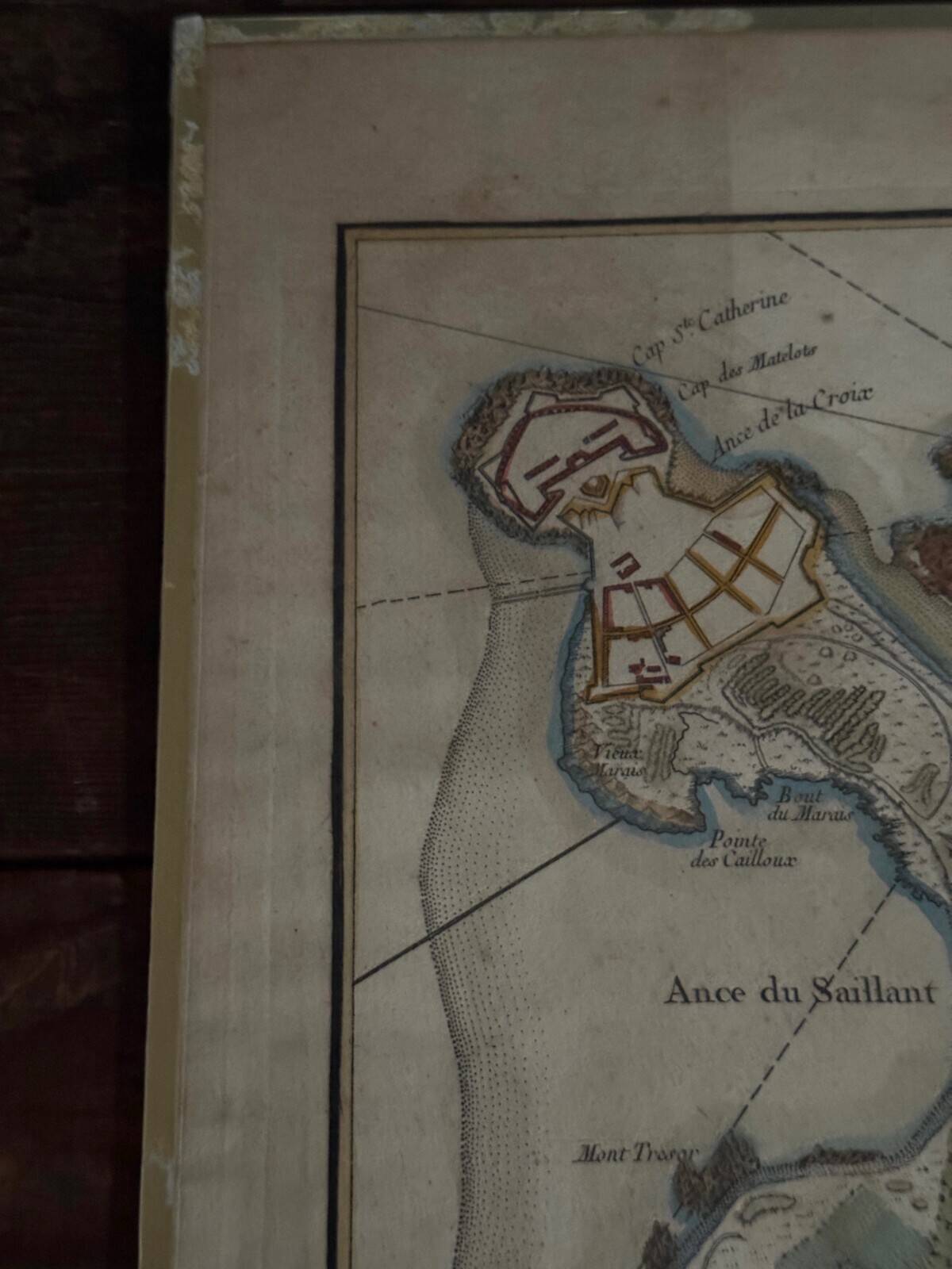 Color engraving under glass, plan of Isle Daix, 18th century