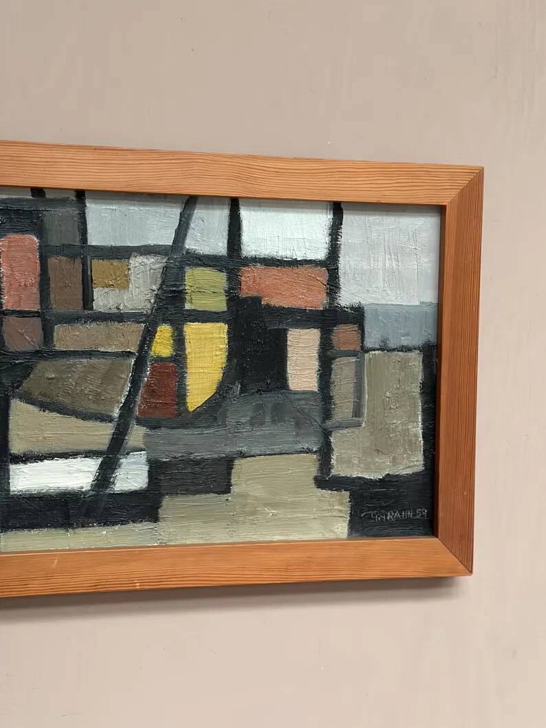 Original Swedish Oil on Canvas – “Abstract Composition” – Signed – Dated 1959 – Vintage & Framed – 77 × 35 cm