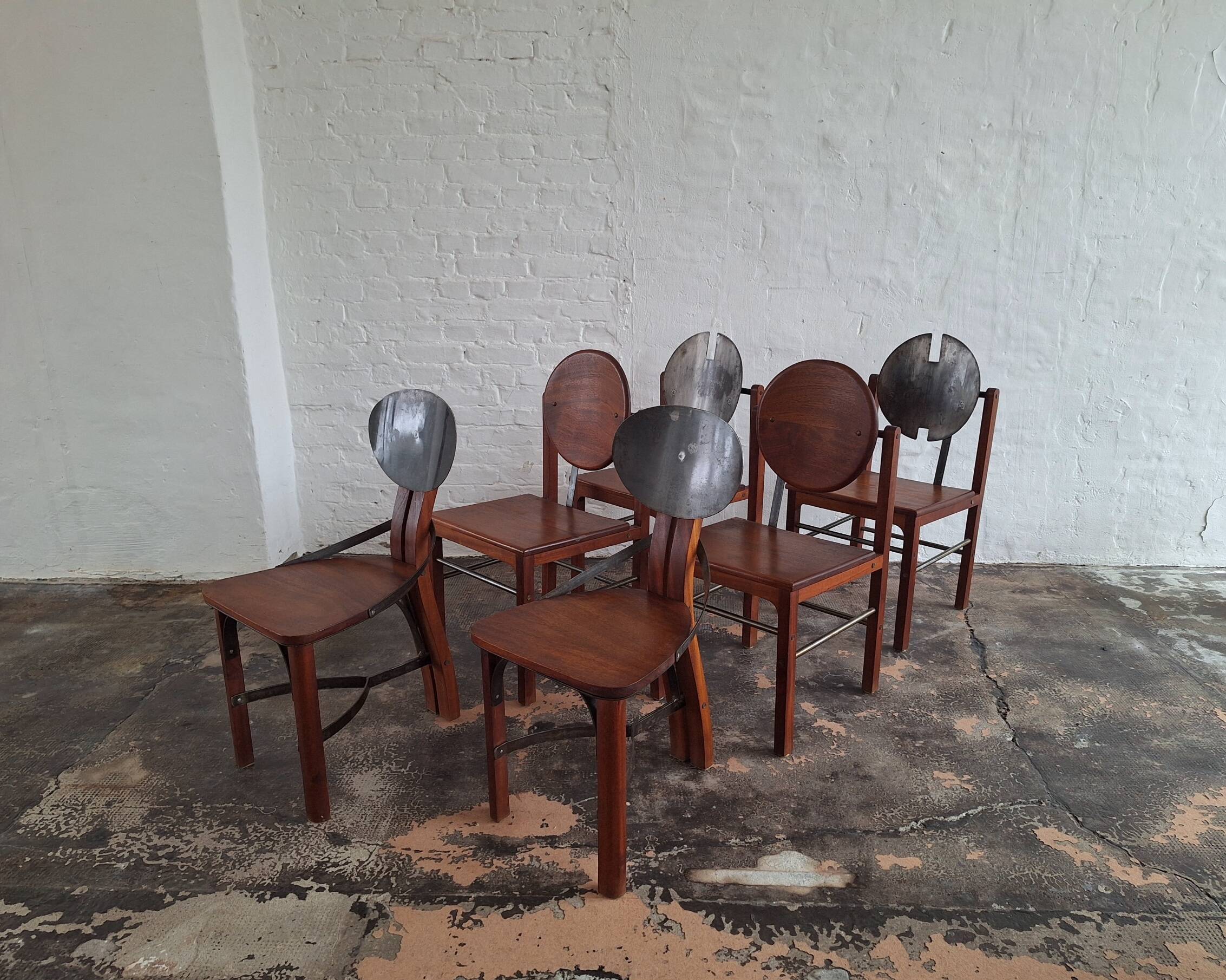 Set of 6 mid century Brutalist teak and steel dining chairs, 1960s