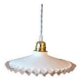Suspension in white lace opaline, sky blue cable.
