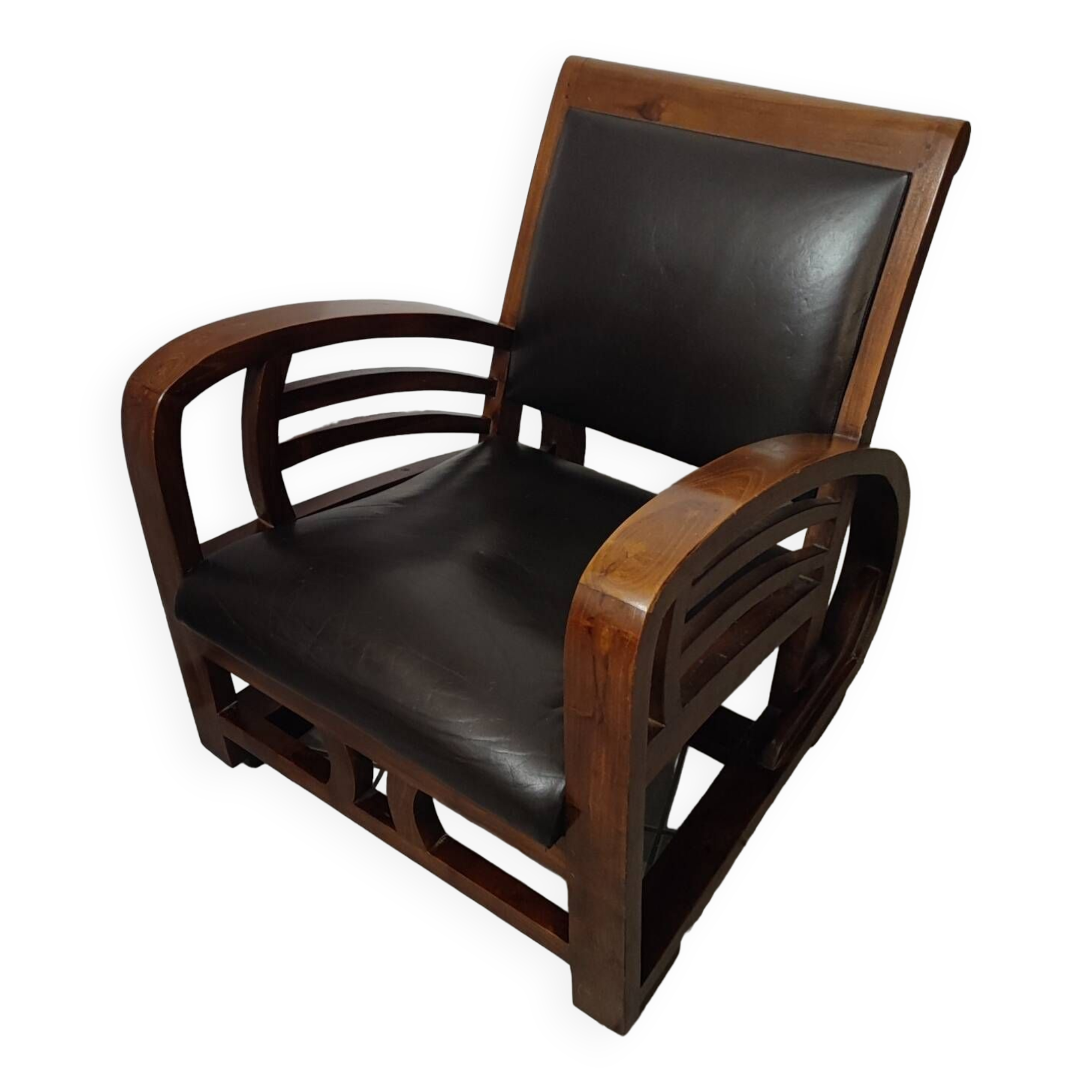 Leather and teak armchair