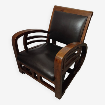 Leather and teak armchair