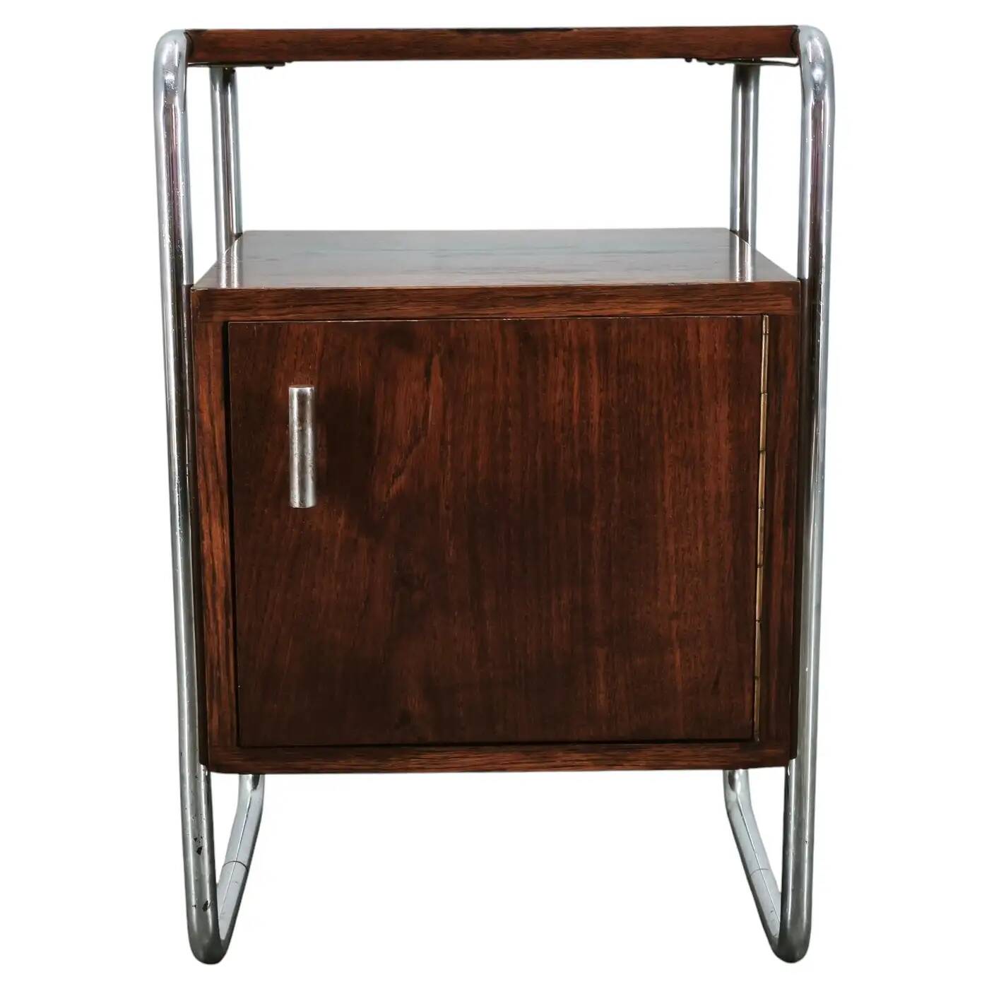 Bauhaus Oak and Chrome Tubular Nightstand, Czechoslovakia 1940s