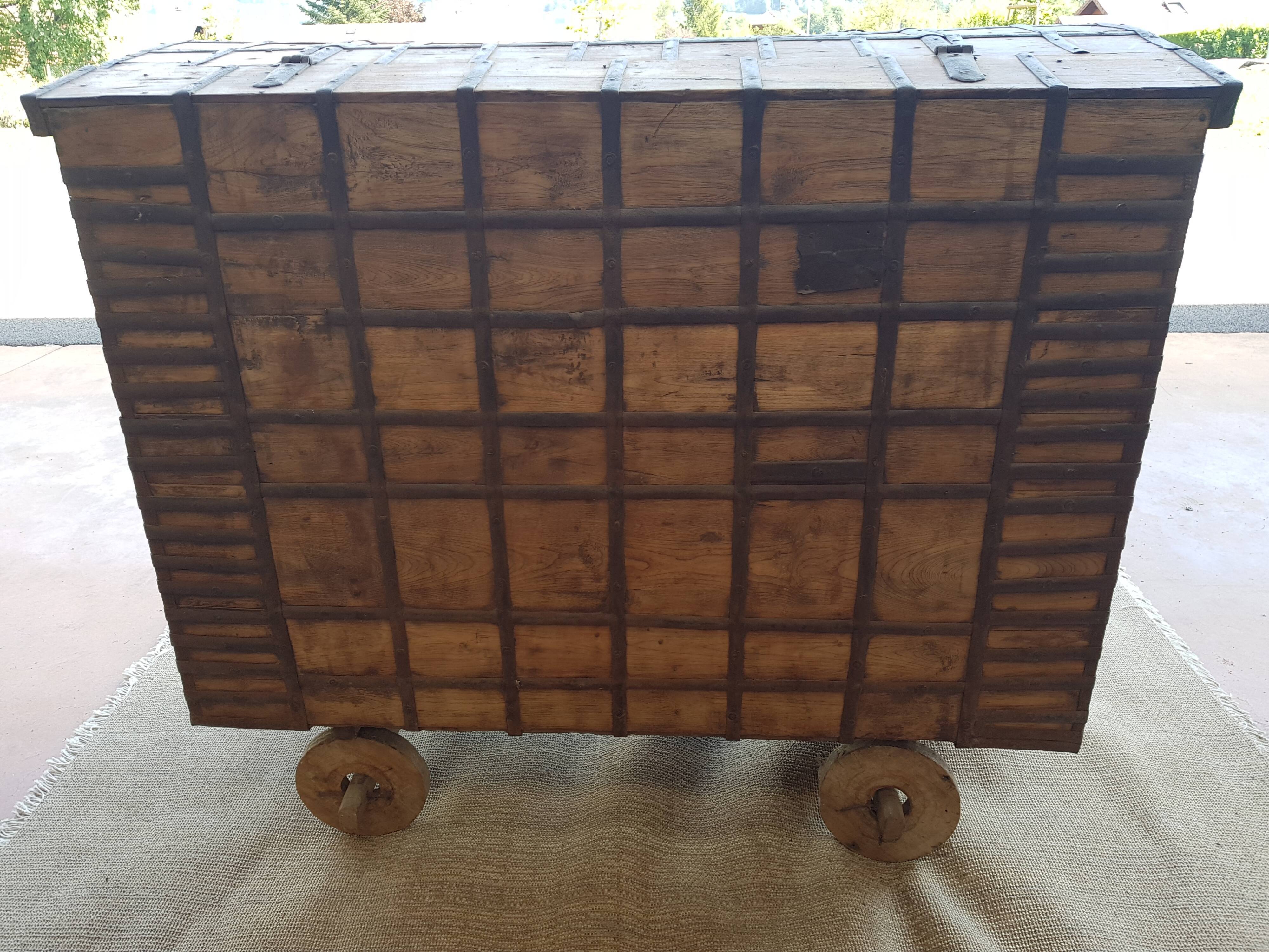 Old Vintage Indian Box on Wooden Wheels Early 20th S