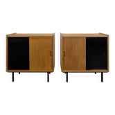 Pair of modernist sideboards with black glass doors in oak veneer.