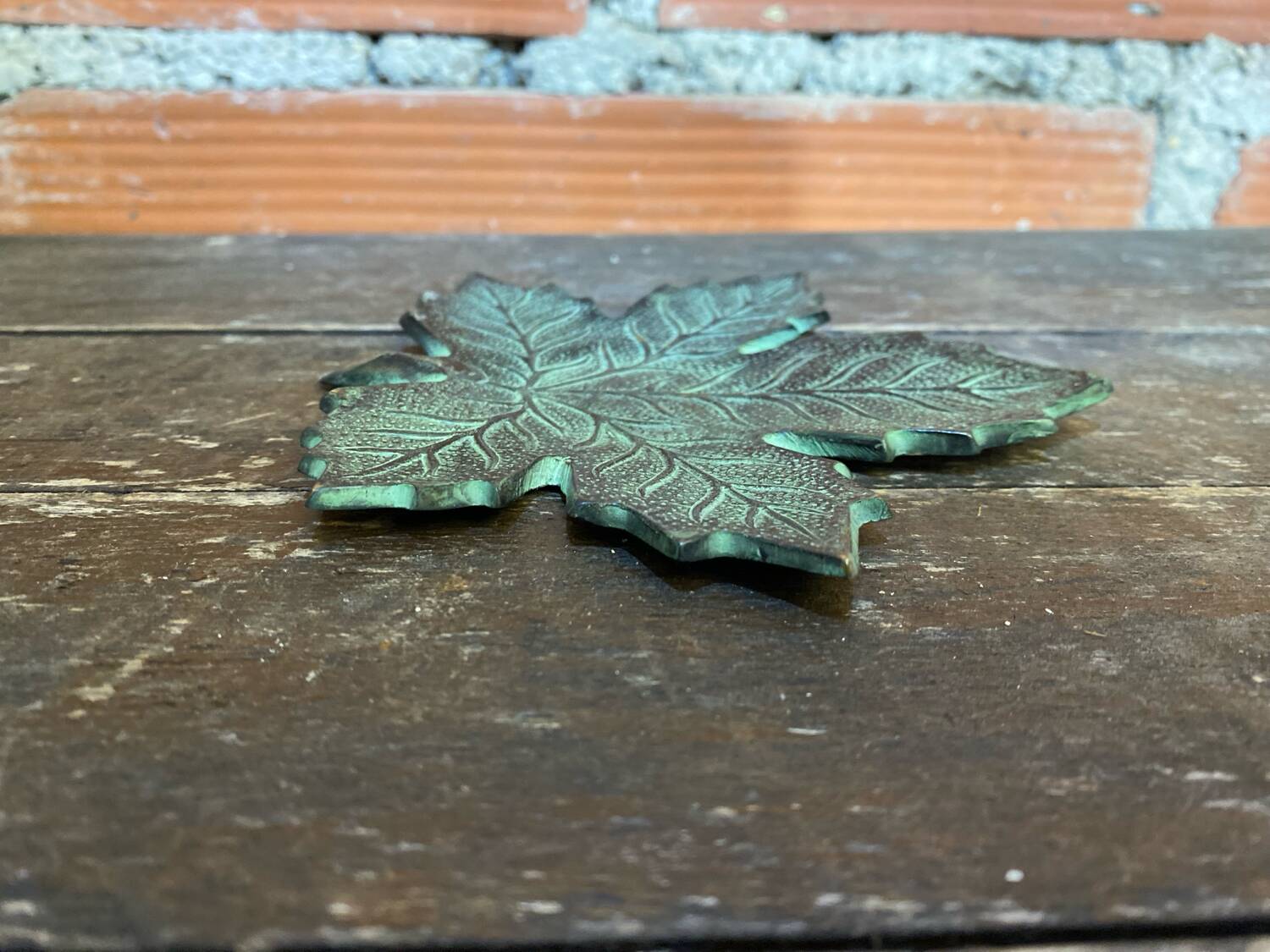 Vintage Greenish-Gray Metal Leaf-Shaped Empty Pocket Bowl