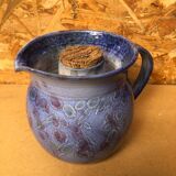 Ancien Pichet Rafraîchissoir Carafe Terre Cuite Émaillée Bleu Vintage