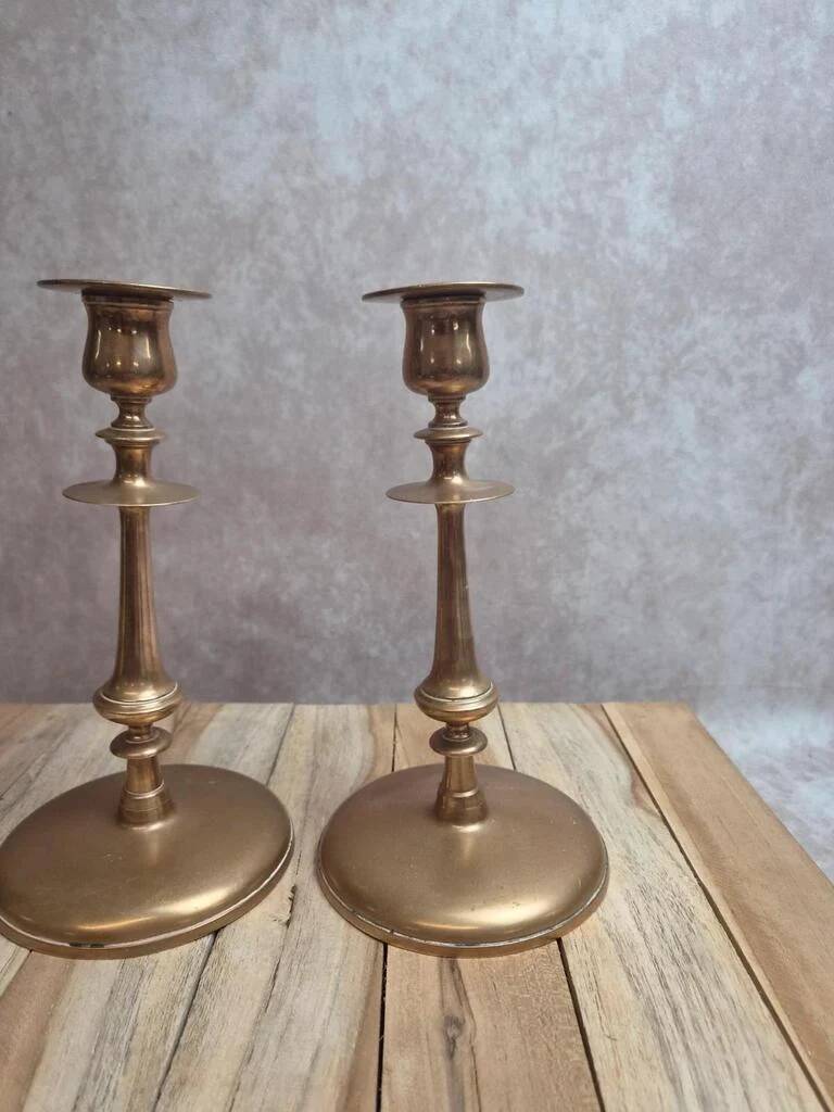 Pair of antique weighted brass candlesticks – neoclassical style