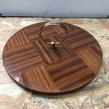 Ancien plat plateau fromage bois + plexi + anse laiton cuisine vintage