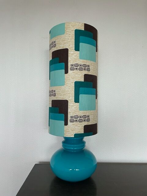 Blue opaline table lamp and vintage Maori fabric