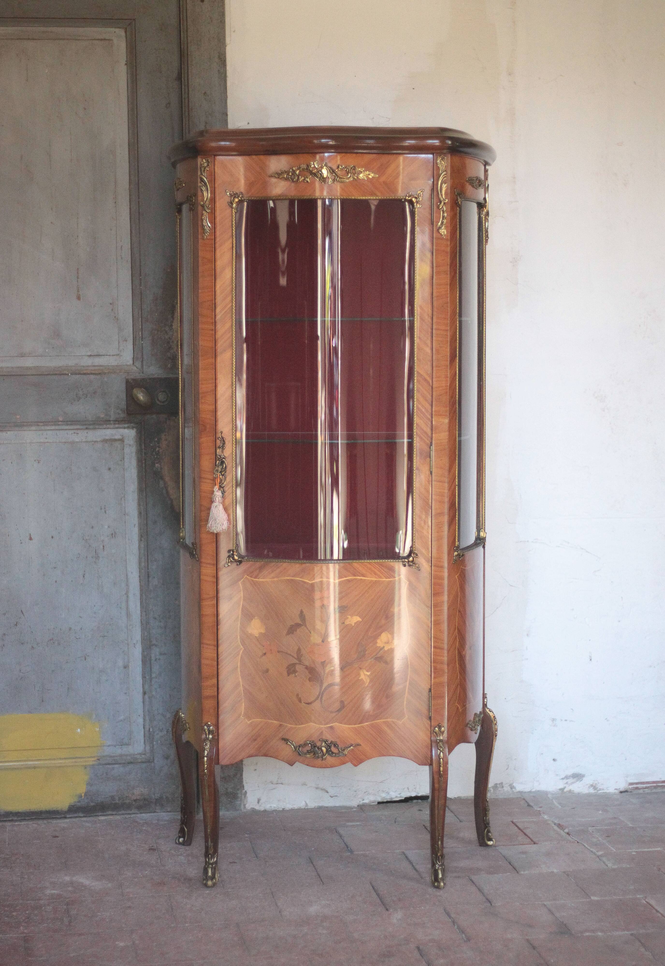 Marquetry display cabinet, curved Louis XV style, signed Marquant