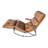 70's Lama reclining armchair, chrome and faux leather, foldable footrest.