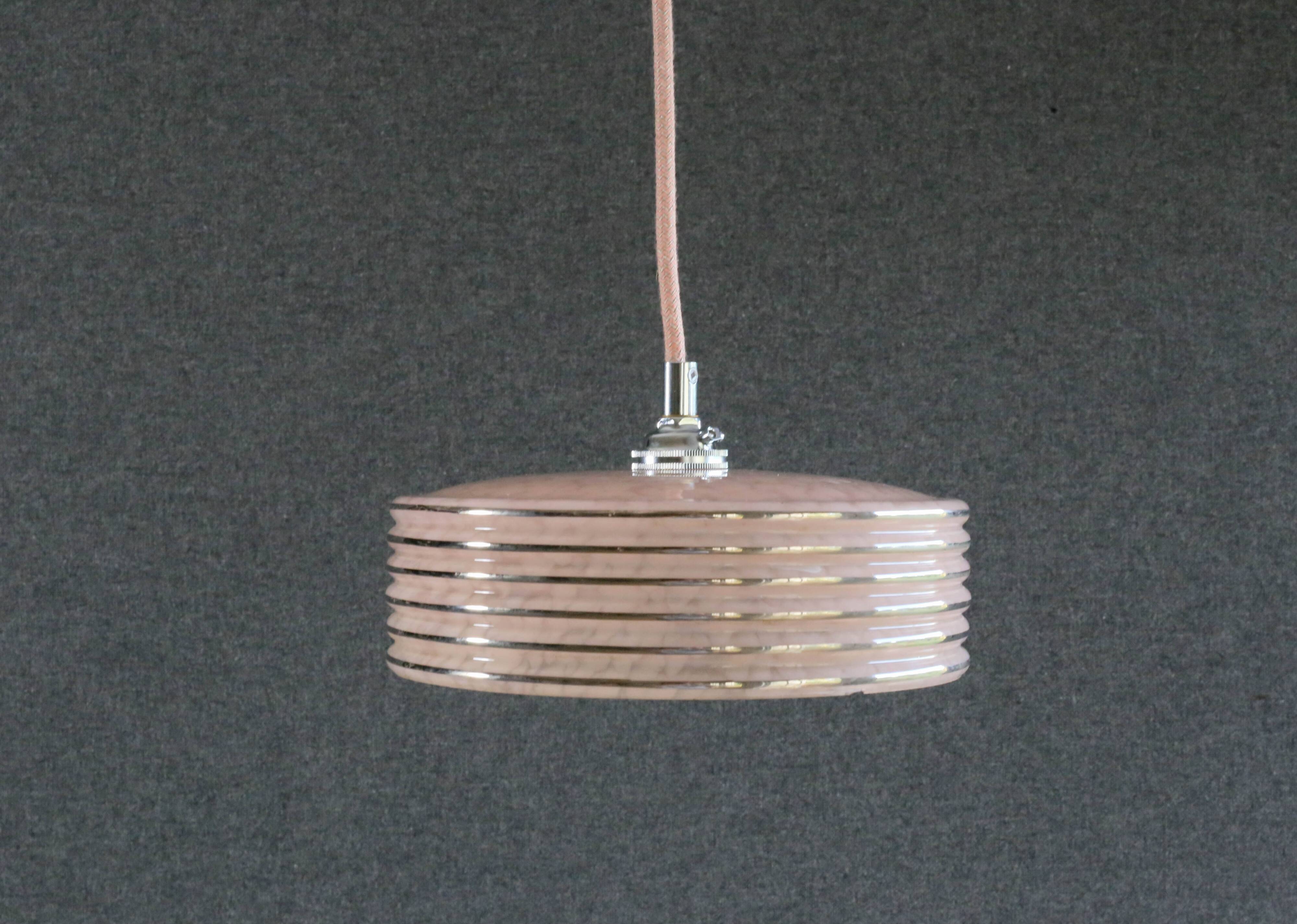 Old pendant light in pink clichy glass with silver threads, delivered with chrome socket