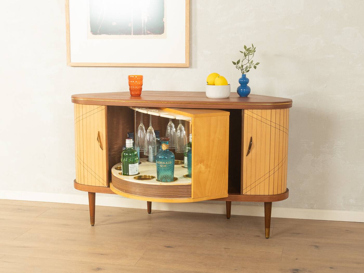 Elegant bar cabinet from the 1950s with rotating compartment and mirrored back