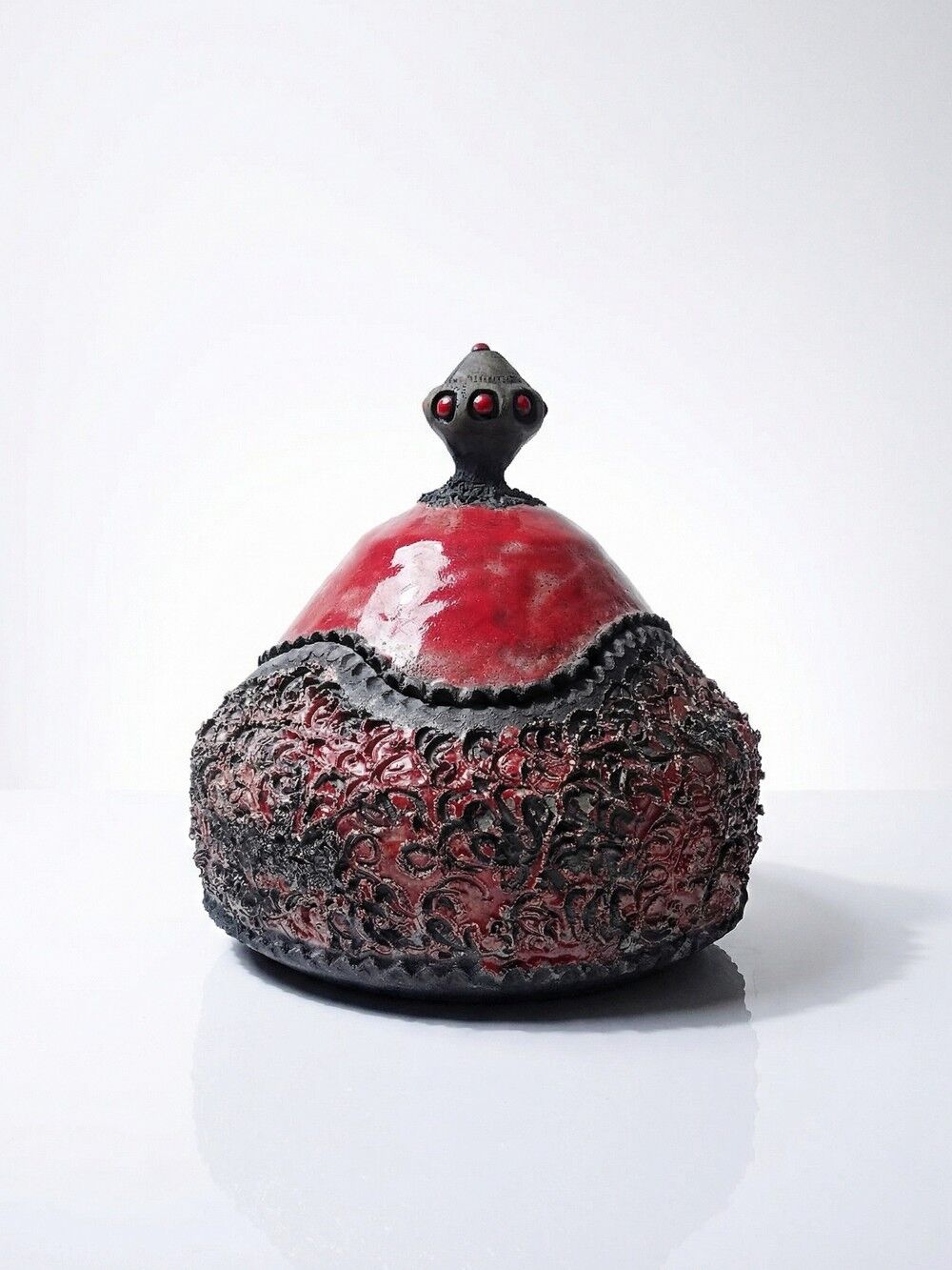 Vintage 2000s red and grey handmade raku jewellery box