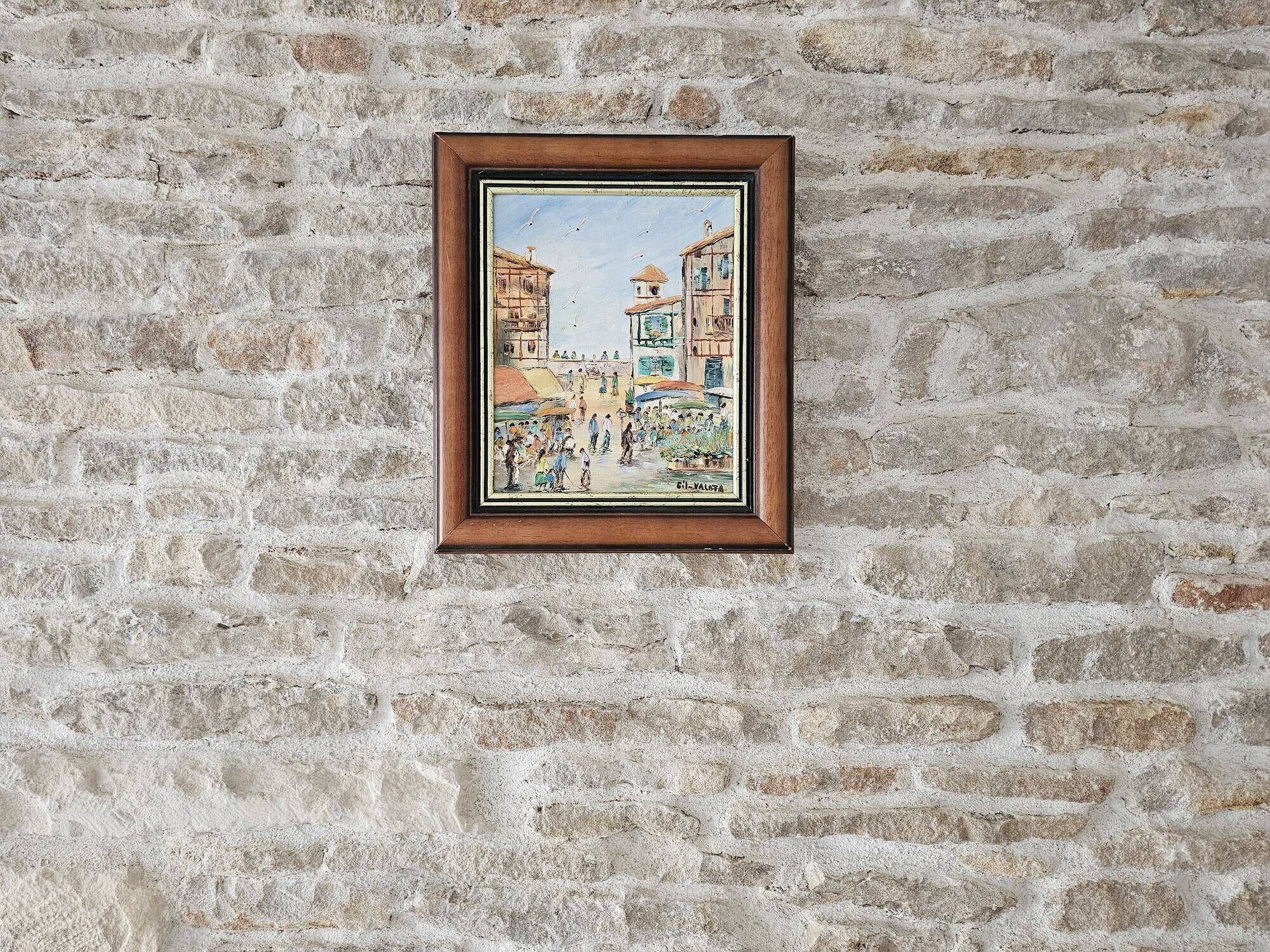 Oil Painting on Canvas Saint Jean de Luz Rue de la République signed Gil Va