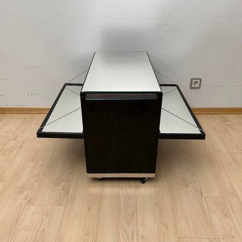 Art Deco Bar Cart in Black Lacquered Mahogany, Mirrored Glass & Chrome, France, 1930