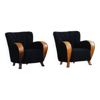 Pair of 1930s lounge chairs, upholstered in lambswool, Art Deco, Swedish modern.