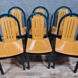 Series of 6 chairs of the brand Baumann model Argos in stained beech and varnished natural wood