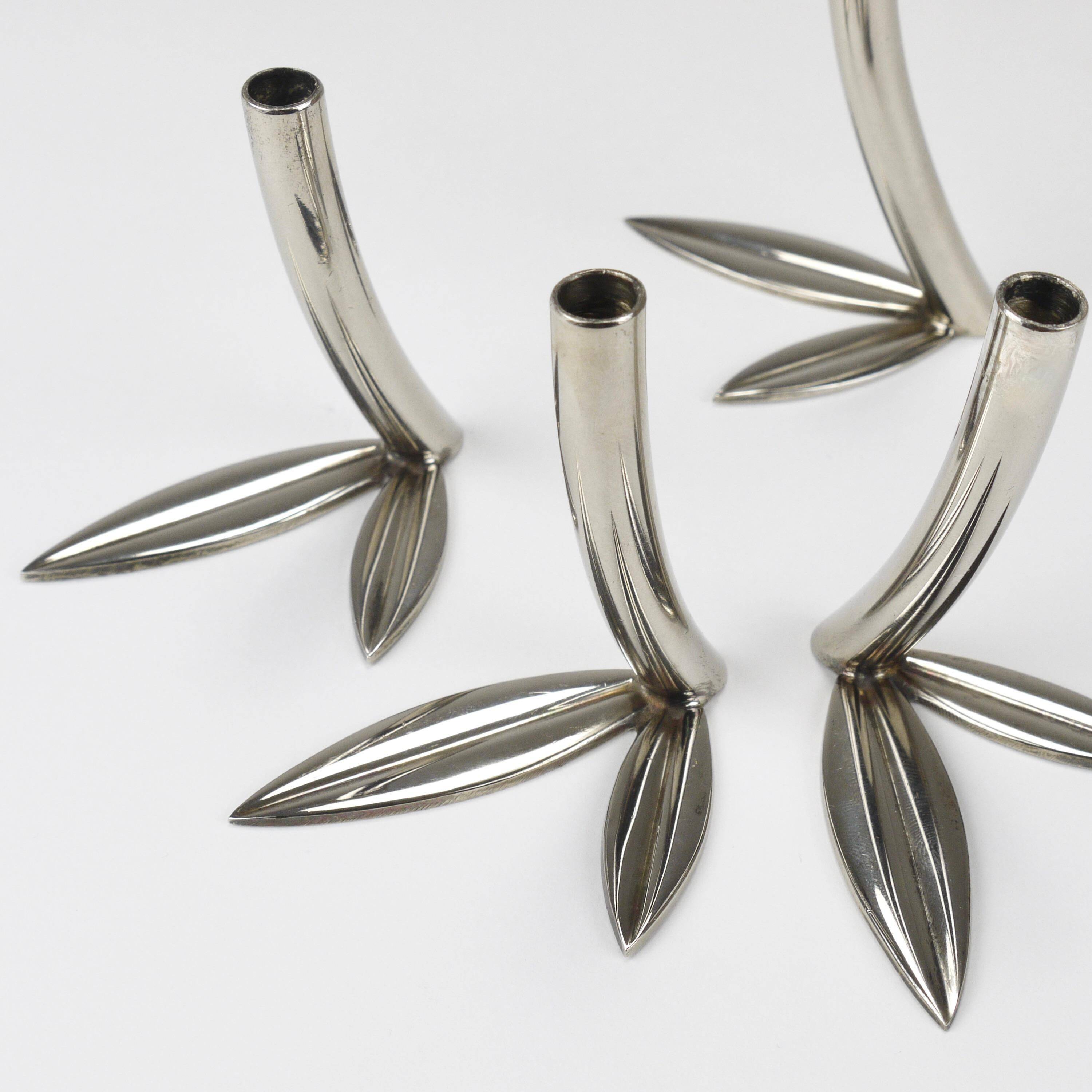 Werkstätte Hagenauer Up to 6 Soliflore Vases Leaf, Brass & Nickel, Vienna, 1960s