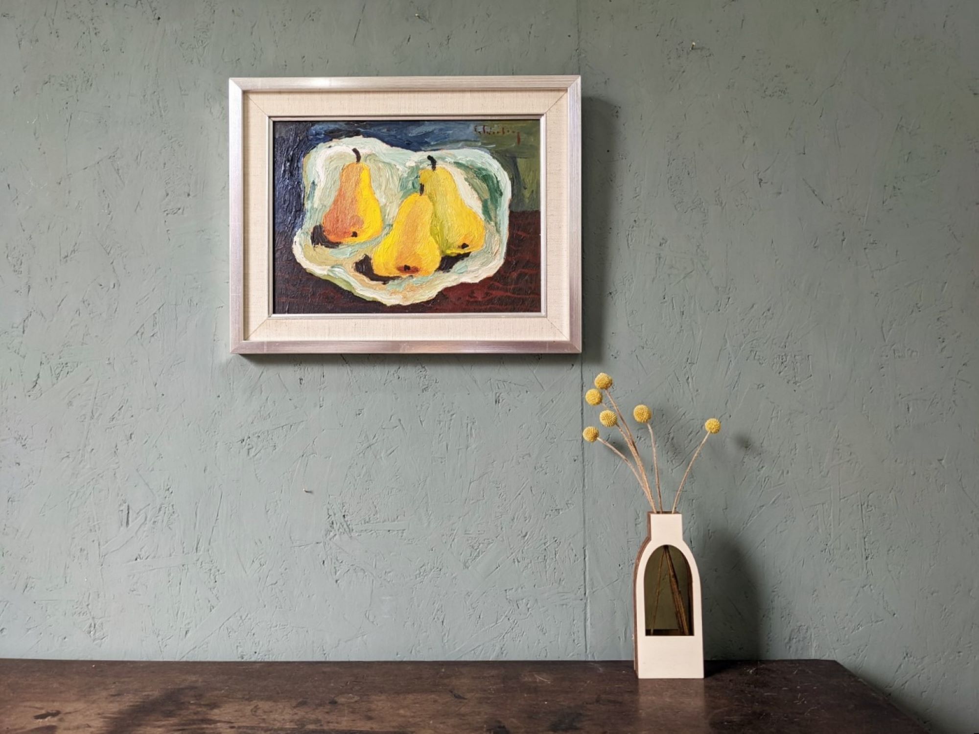 Mid-Century Modern Swedish "Luminous Pears" by Eric Cederberg, Framed Still Life Oil Painting