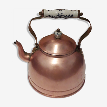 Vintage kettle in pink copper, brass and ceramic
