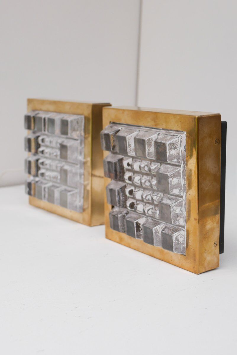 Appliques murales brutalistes en verre et laiton de Falkenbergs Belysning, Suède vers 1967