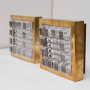 Swedish brutalist glass and brass wall lamps from Falkenbergs Belysning, set of 2