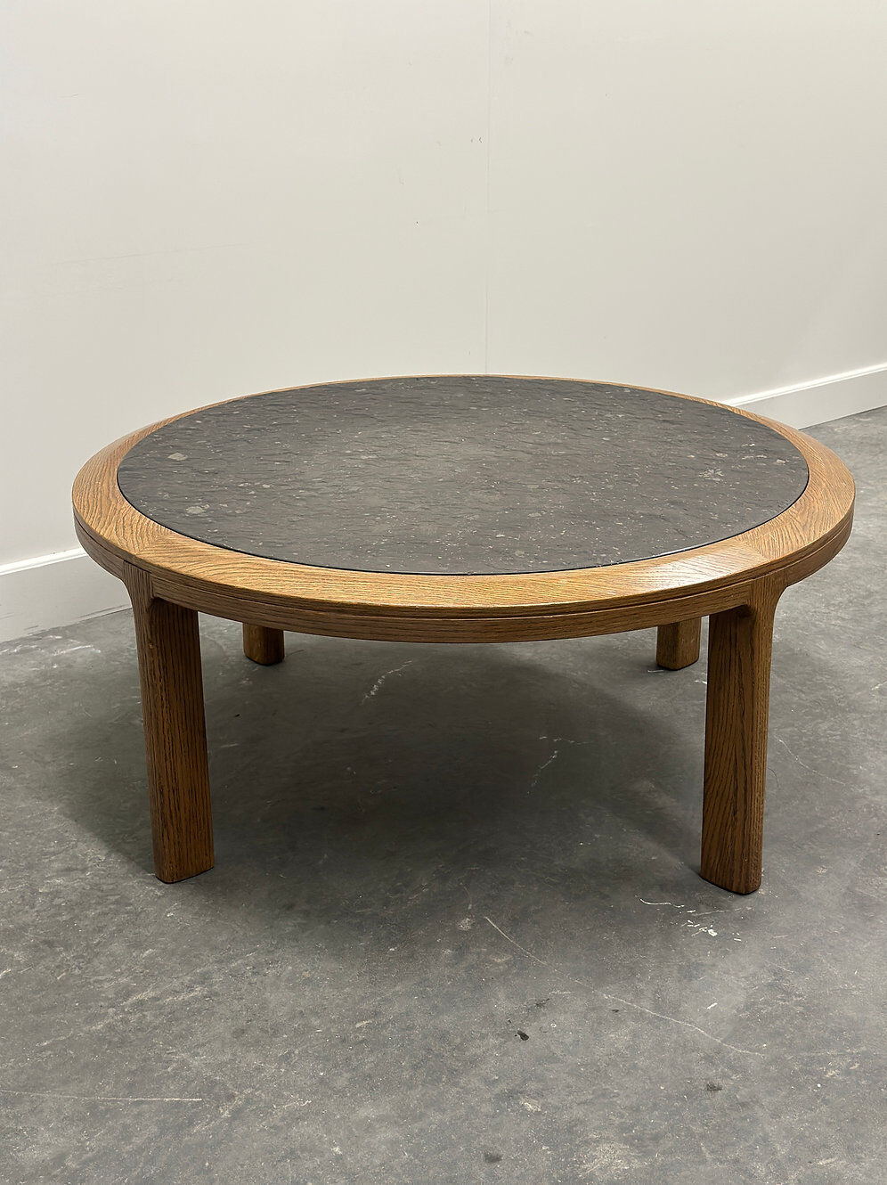 Vintage round textured slate and solid oak coffee table, France, 1970s