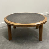 Vintage round textured slate and solid oak coffee table, France, 1970s