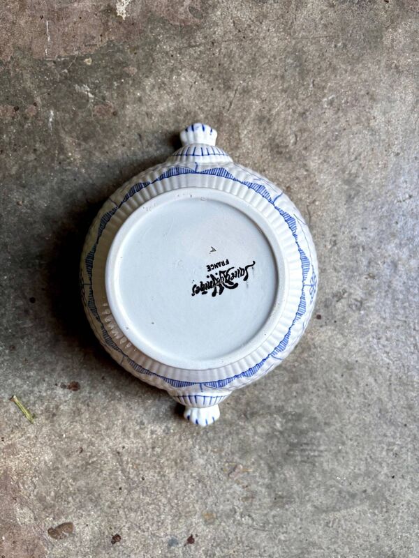 Pot à sucre, bocal Sarreguemines en faïence blanche et bleue, service ''Copenhague'' - début XXème