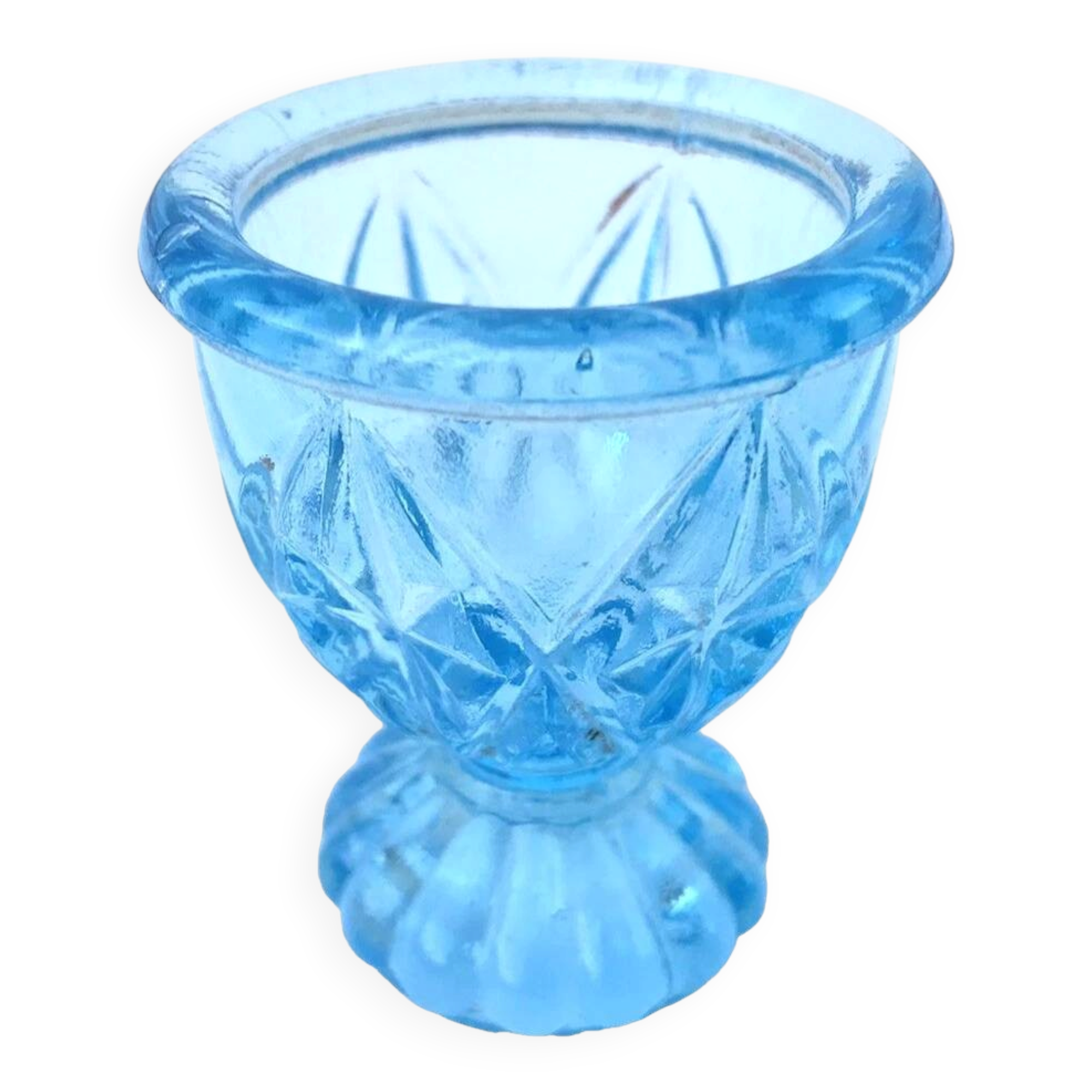 Ancien coquetier piédouche godronné  verre bleu transparent