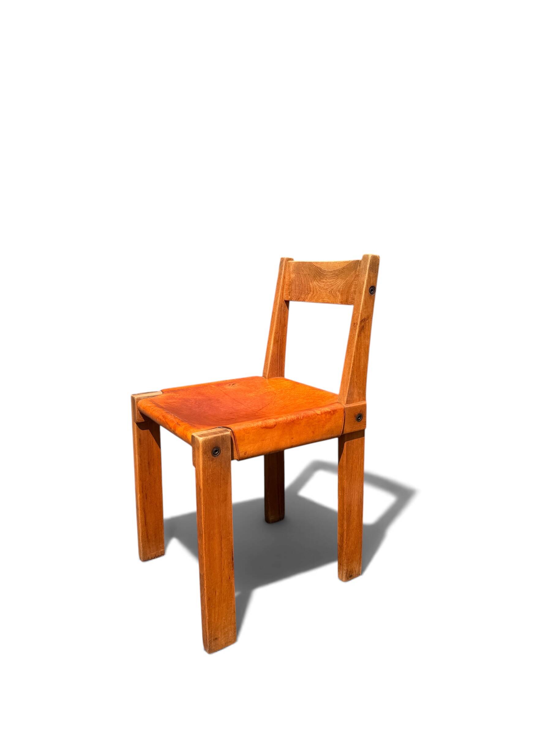Chair S24 Pierre Chapo - Solid Elm & Cognac Leather Brutalist