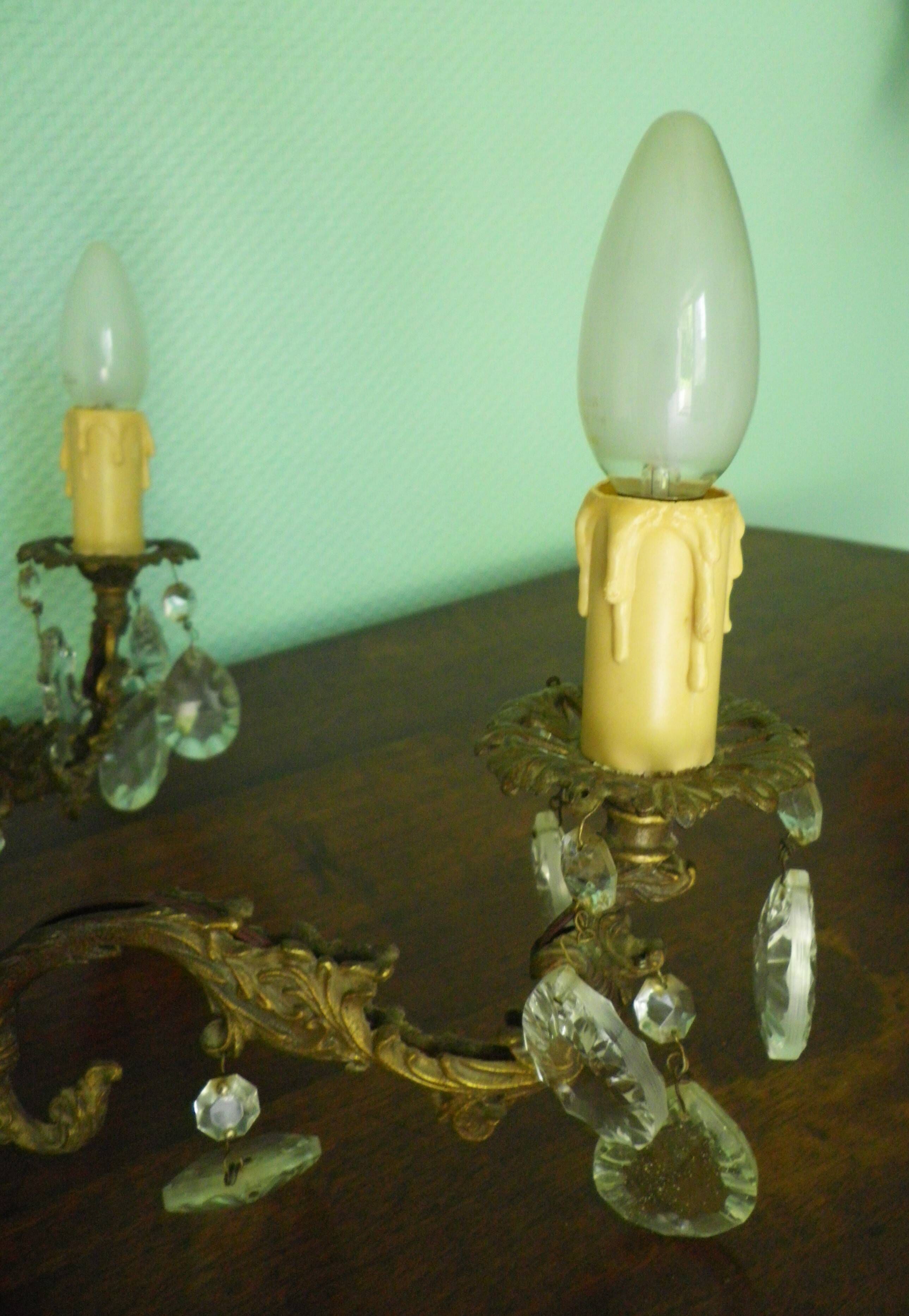 Rococo chandelier with crystal pendants, 4 lights, brass and metal 1950/1960