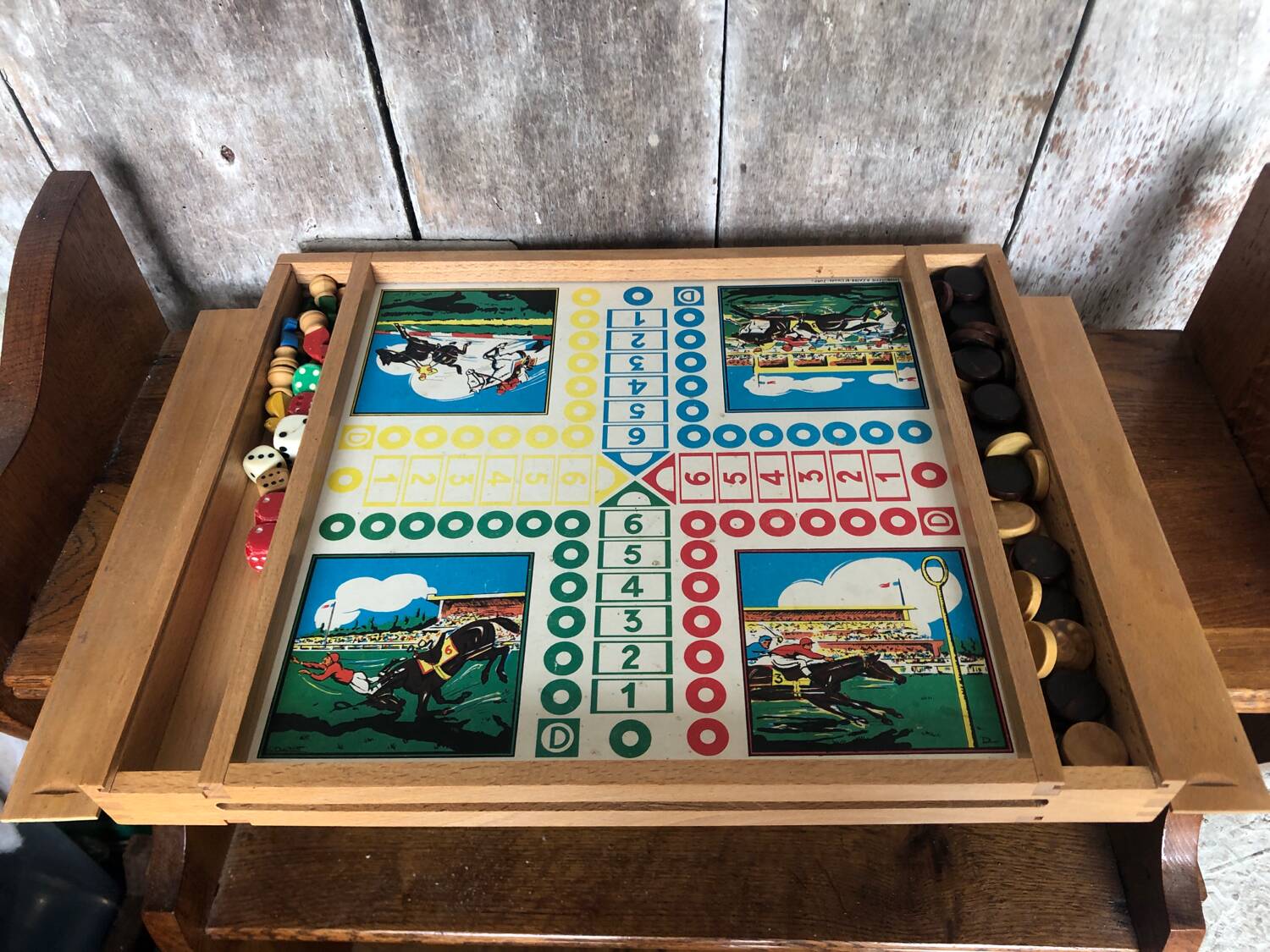 Old Board Game of Checkers, Goose, Hopscotch & Little Horses in Vintage Wooden