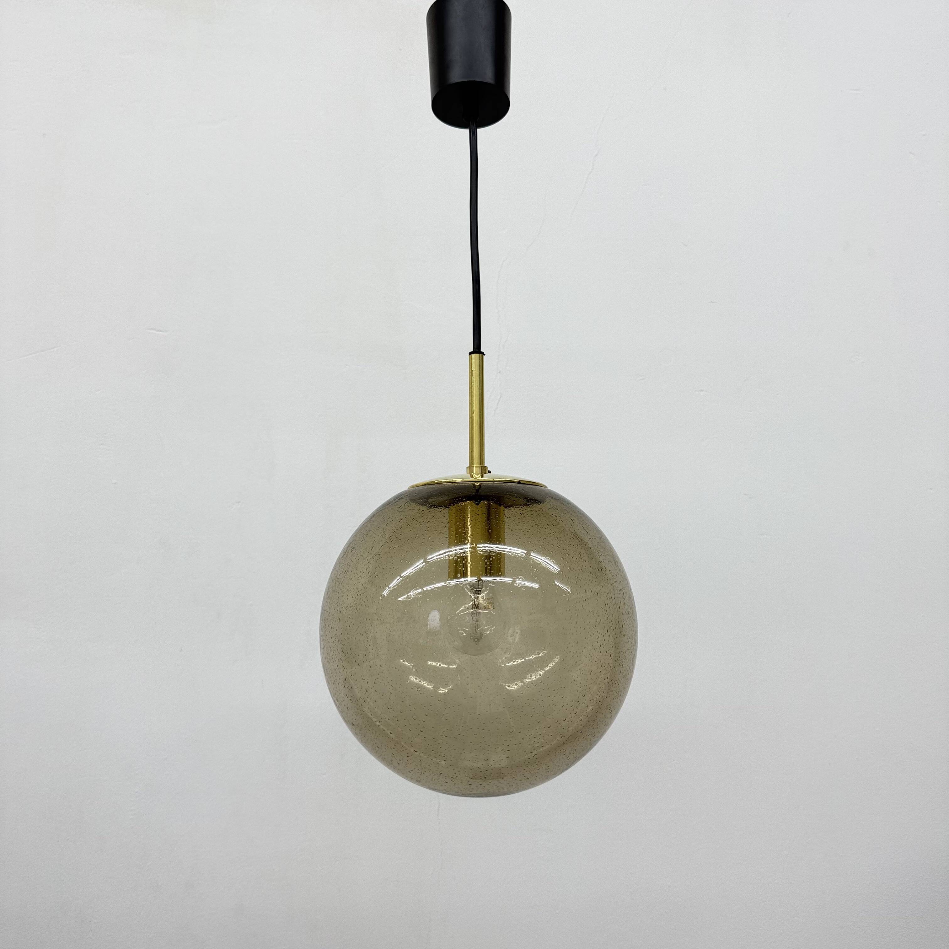 Limburg Glashütte brass smoked glass ball pendant hanging lamp , 1970s