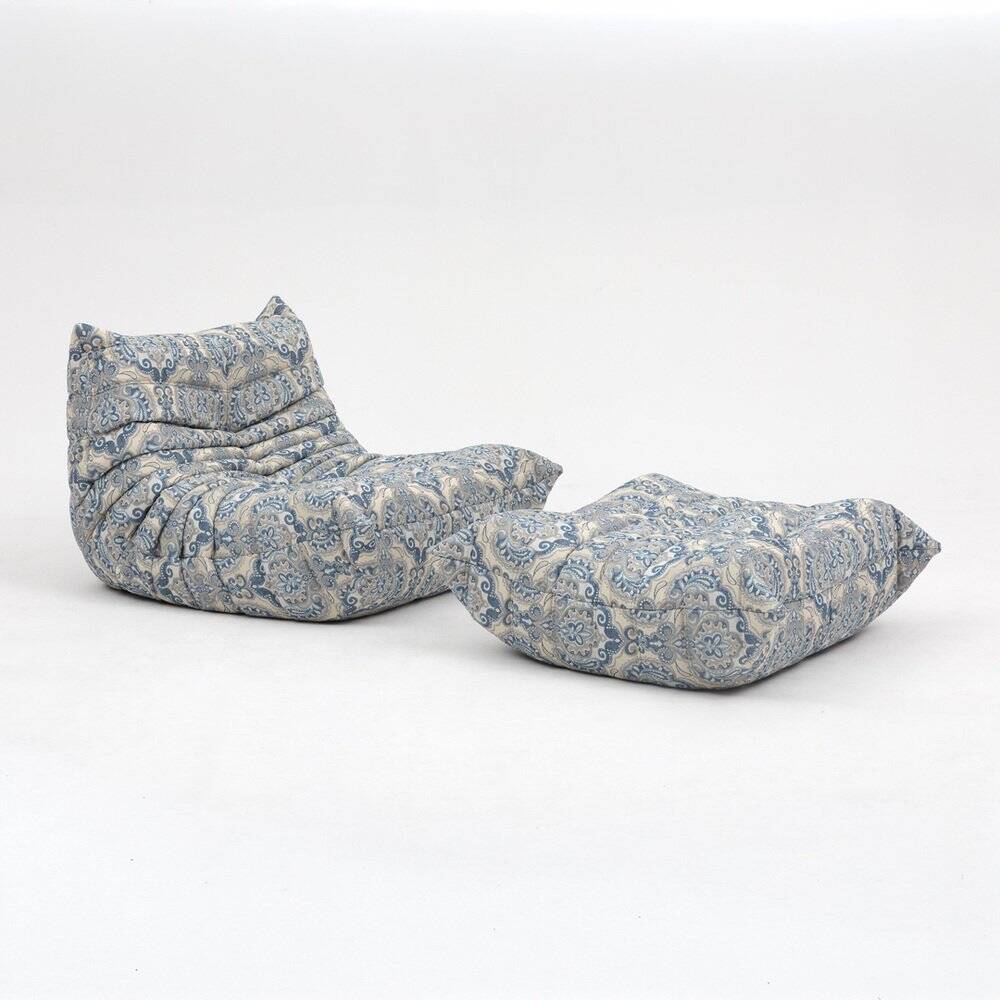 Togo lounge chair and pouf in patterned fabric by Michel Ducaroy for Ligne Roset, 1973, set of 2